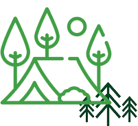 Icone de tente verte avec des arbres en pleine nature