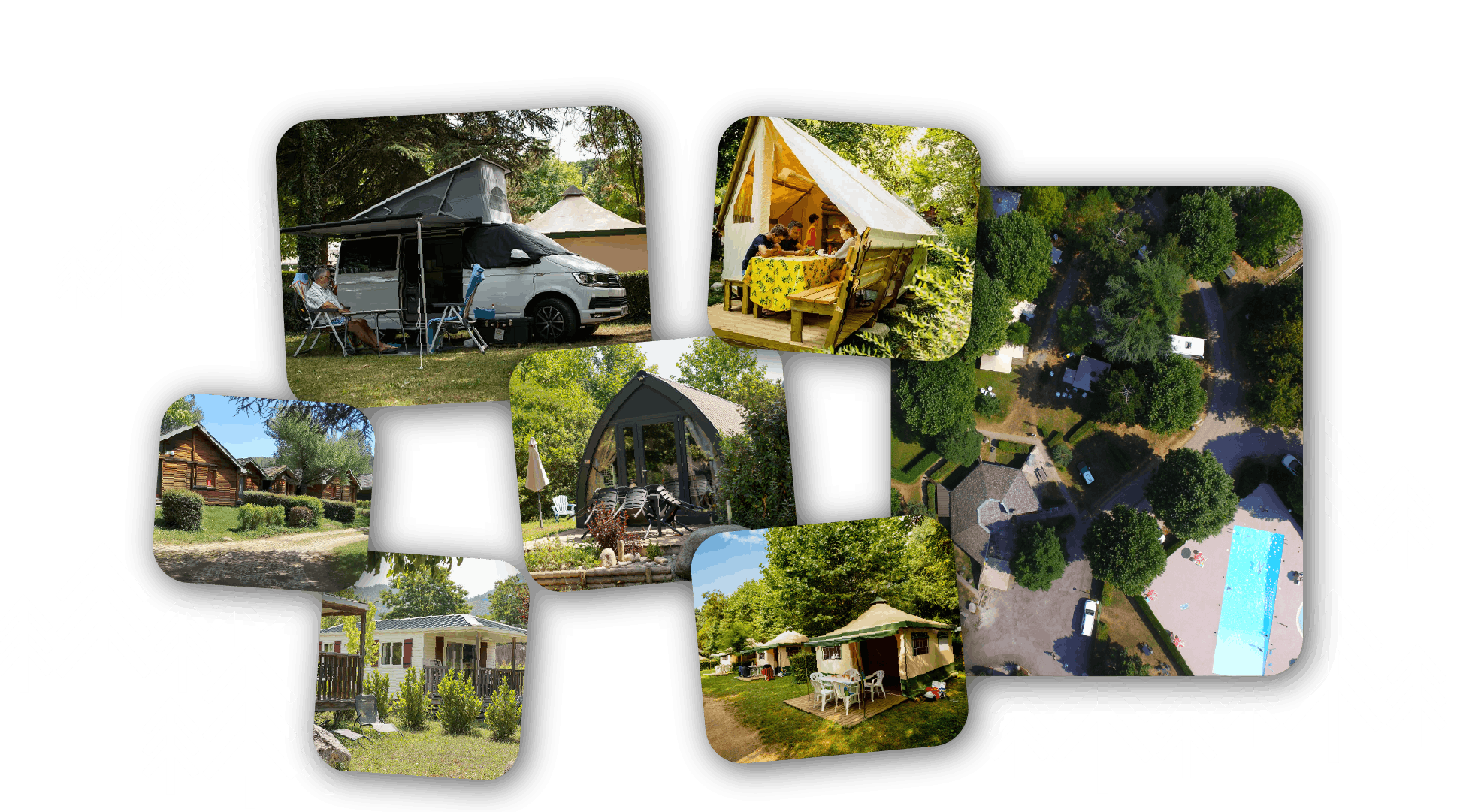 Ensemble de photos avec vue en hauteur du caming, tentes Bengalis, Lodge, Chalet bois, Chalet Pigne, Mobil-home et camping-car sur emplacement nu